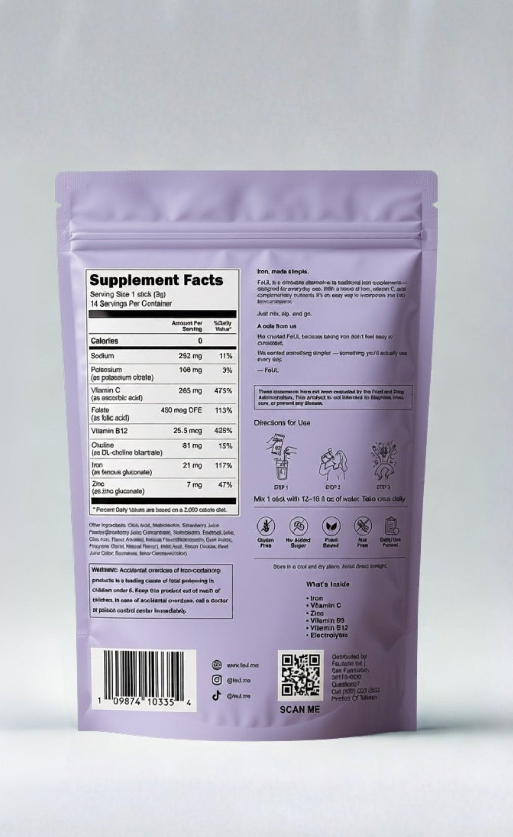 The back of FeUL Iron stand-up pouch package, showing supplement facts, ingredients, and instructions on a light gray background.